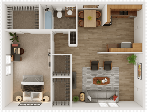 Floor plan for 1 bed, 1 bath, 770 sqft